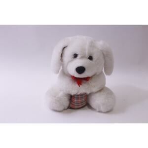 White Puppy with Plaid Stocking, Plush, Christmas, Soft Toy, ~ 251013-WH 1369